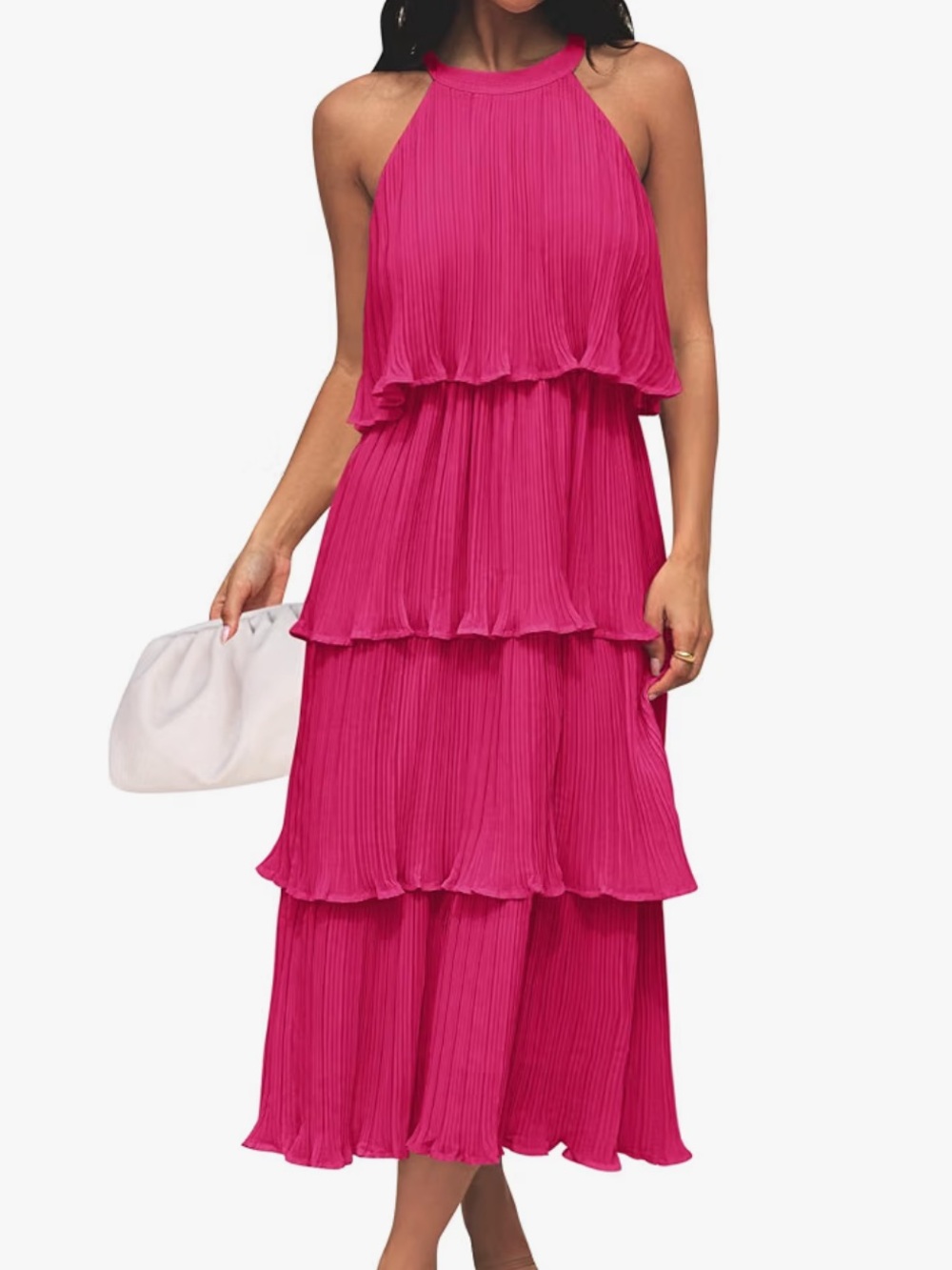 Zesica Sleeveless Tiered Pleated Maxi Dress - Fuchsia Pink